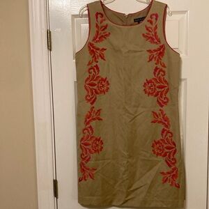 Jessica Howard Tan Sheath Dress with dark pink Floral Embroidery